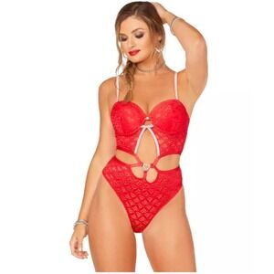 BodyRage Red Lace Bodysuit Lingerie Rhinestone Straps Valentine's Day NEW‎ 1X